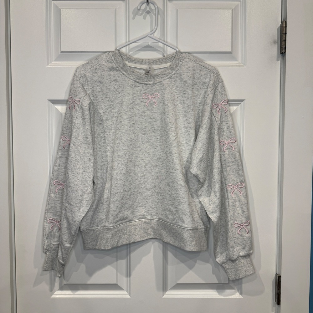 Altar'd State AS Revival Heather Gray Pink Bow Embroidered Sweatshirt Size XXS